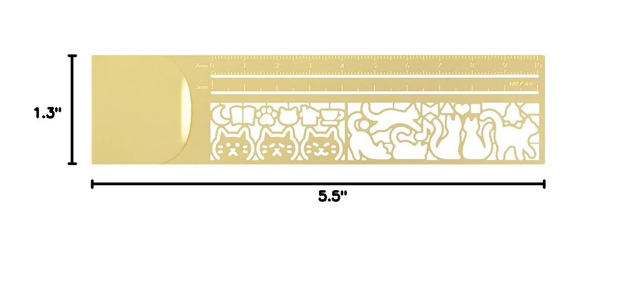 Designphil Cat Ruler, 5.5 Inch Clip Ruler with Cat Pattern, Brass Construction