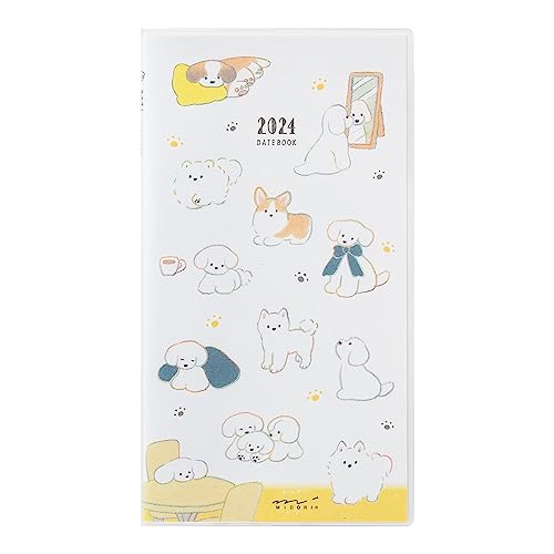 Midori Pocket Diary Notebook, 2024, Slim, Monthly Cat Pattern, Starts October (Dog Print)