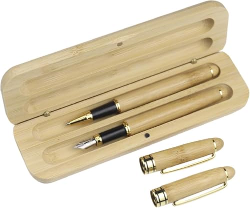 HobbyOne Bamboo Fountain Pen Oil Based Ballpoint Pen, Set of 2, Black Fine Point, with Storage Box | Hand Crafted | Gifts and Collections