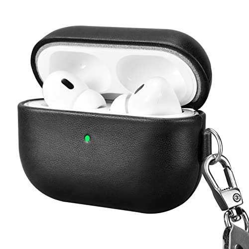 ICARERFAMILY Leather Case for AirPods Pro 2 (2022), Genuine Leather Shockproof Protective Cover with Lanyard for AirPods Pro 2 Earphones Charging Case (LED Visible) Support Wireless Charger Black