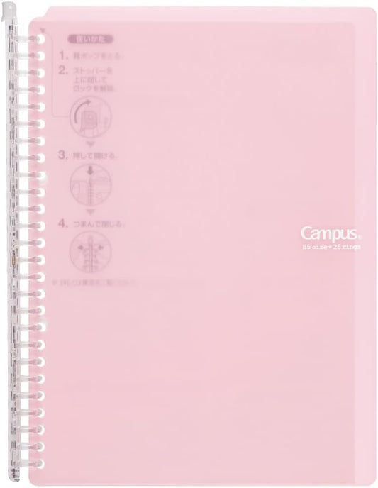 Kokuyo Campus Smart Ring Binder, B5 Light Pink Binder Notebook Up to 60 Sheets 26 Holes Slim Binder Folder with 10 Extra Campus Sarasara Loose-Leaf Paper for Work, Study and Journal, Japan Import