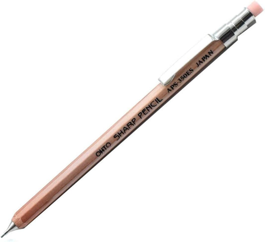 OHTO Mechanical Wood Pencil Type Mini Sharp with Eraser & Clip 0.5mm, Natural Color Body (APS-350ES-Natural)