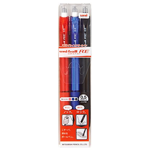 Uni Erasable Knock Ballpoint Pen, Uni-Ball R:E, 3 color assorted (URN180053C)