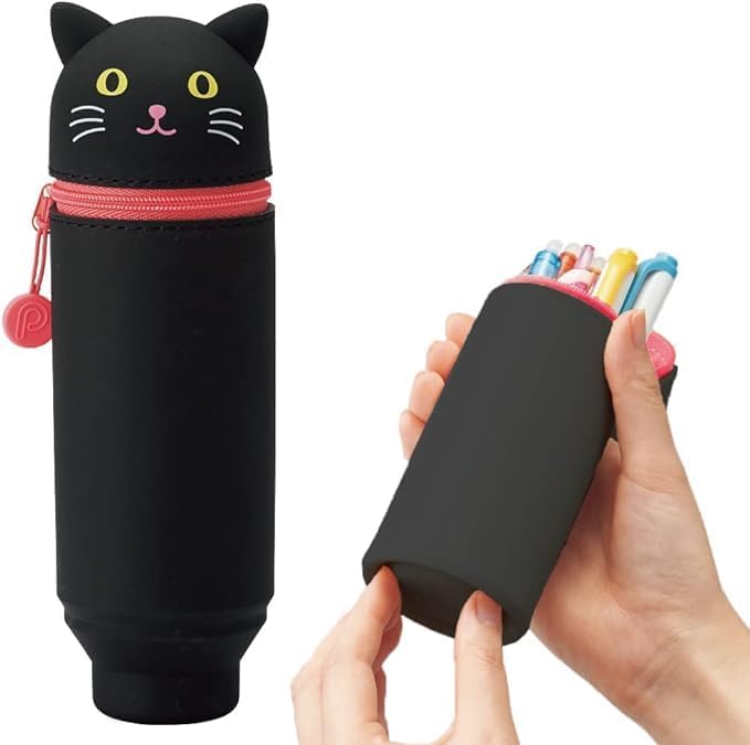 LIHIT LAB Kawaii Japanese Black Cat Stand Up Pencil Case For School Office College, Cute School Supplies, Animal Pen Holder Pouch Holder Teen Girls Artists, Travel Cosmetics Storage (A7712-3)