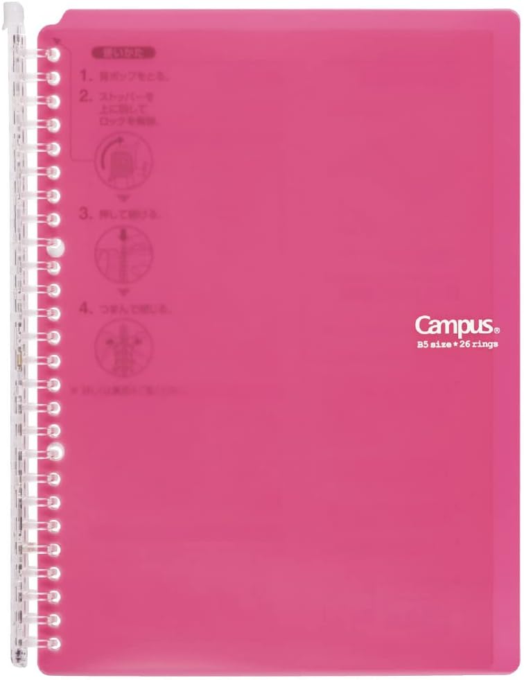 Kokuyo Campus Smart Ring Binder Notebooks, B5 Size, 60 Sheet Capacity, 26 Holes, Come with 10 Campus Loose-Leaf Paper, Perfect for Meeting, Classes and Note-Taking, Pink, Japan Import