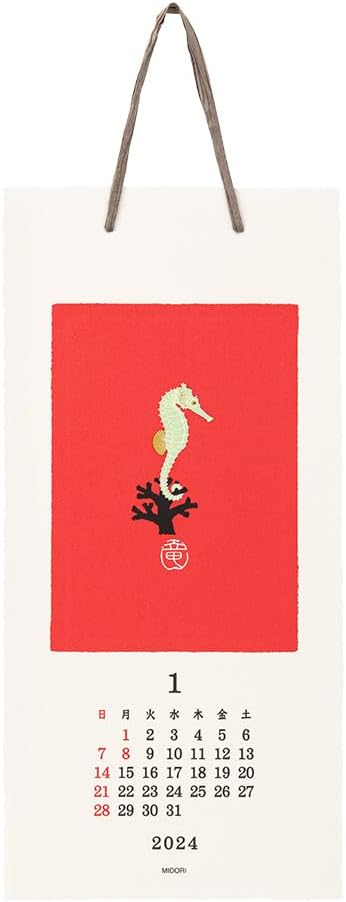 Midori 3130006 2024 Calendar, Wall Hanging, L, Echizen Washi Paper, Traditional Pattern (S (animal handle))