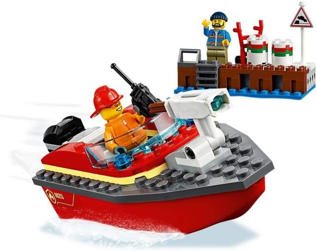 City Fire Dock Side Fire Boat Playset, Firefighter Minifigure & Acessories, Bath Toys for Kids