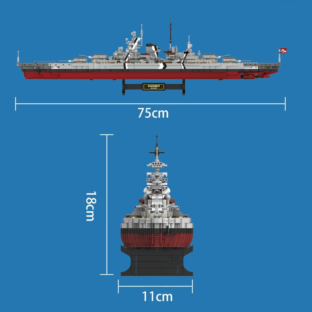 MISINI Technik FC4201 German Battleship Bismarck Clamp Blocks, 2081 PCs/MOC Large WWII German Military Warship Marine Battleship Model for Adult