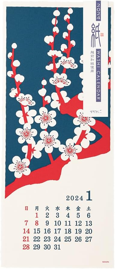 Midori 3130006 2024 Calendar, Wall Hanging, L, Echizen Washi Paper, Traditional Pattern (L (Stalk))