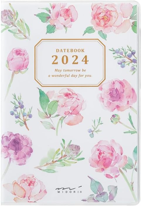 Midori 22236006 Pocket Diary Notebook, 2024, Mini, Monthly, Country Time, Floral Pattern, Starts October 2023 (Clover pattern)