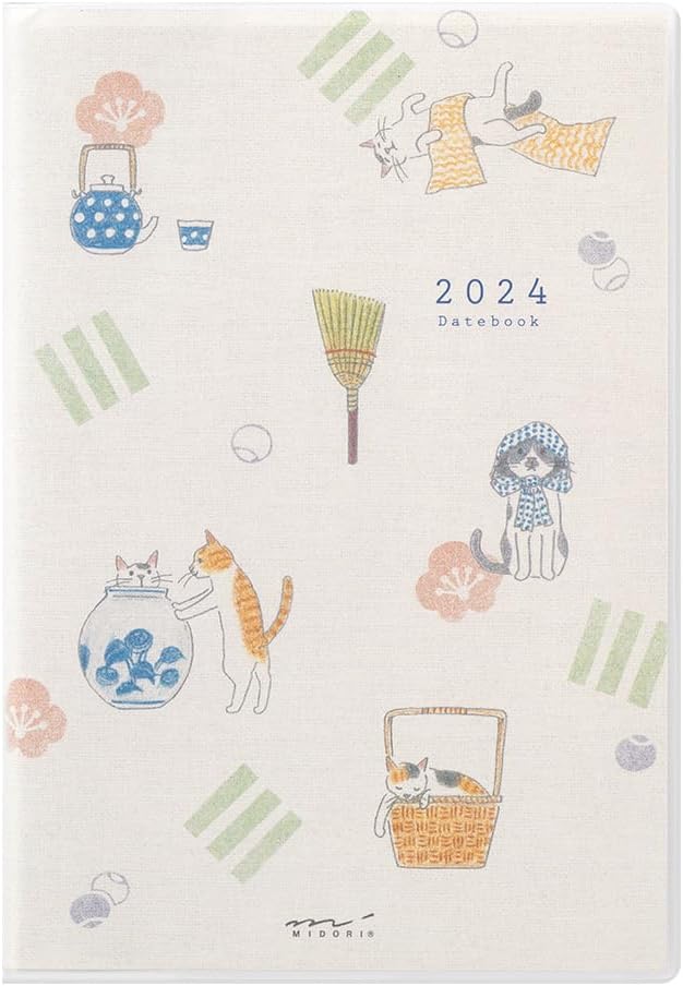 Midori Pocket Diary 22256006 Weekly Planner, 2024, B6, Cat Pattern, Starts January 2024 (Cat Print)
