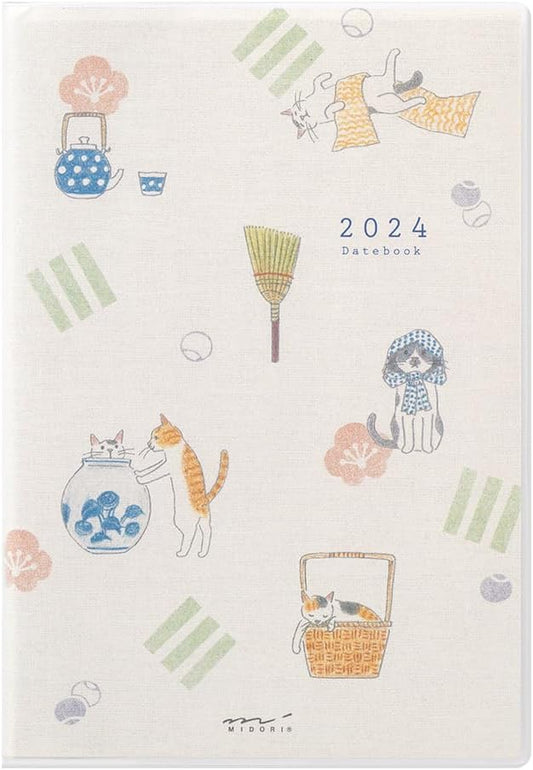 Midori Pocket Diary 22256006 Weekly Planner, 2024, B6, Cat Pattern, Starts January 2024 (Cat Print)