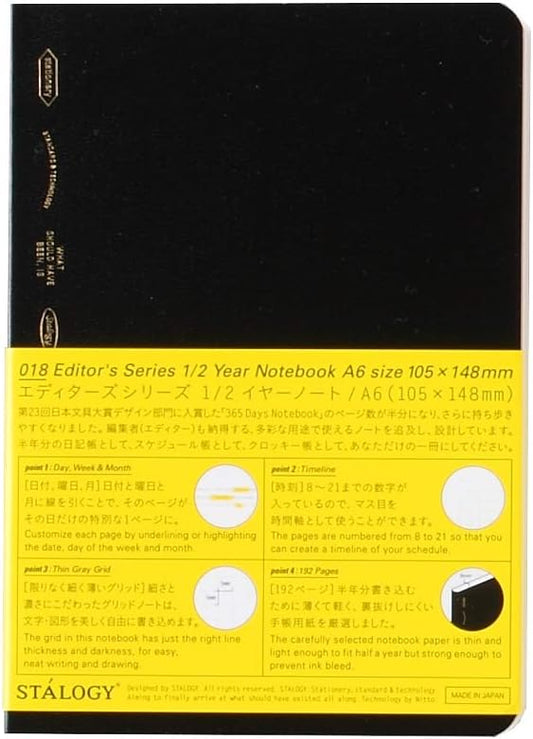 Nitoms S4115 STALOGY Notebook, A6, Squared, 1/2 Ear, Black