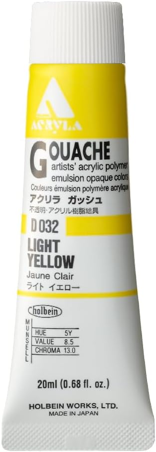 Holbein Acryla Gouache Artists Acrylic Polymer Emulsion, 20ml Light Yellow (D032)