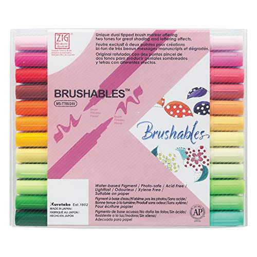 Kuretake ZIG BRUSHABLES 24 Brush Marker Pens set, TWO-TONED 48 Colors, Twin brush tips, Waterproof when dry, No mess, Archival Quality, Made in Japan