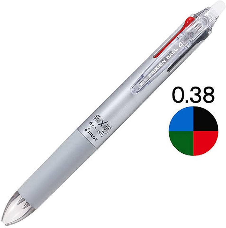 PILOT Ballpoint Pen, Frixion Ball 4, 0.38mm Ultra Fine, 4 Colors (Black, Red, Blue and Green), Gradation Silver Body (PLKFB80UF-GRS)