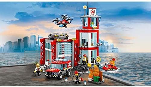 City Fire Station Building Set, Fire Toy Truck Water Scooter & Drone, Firefighter Toys for Kids