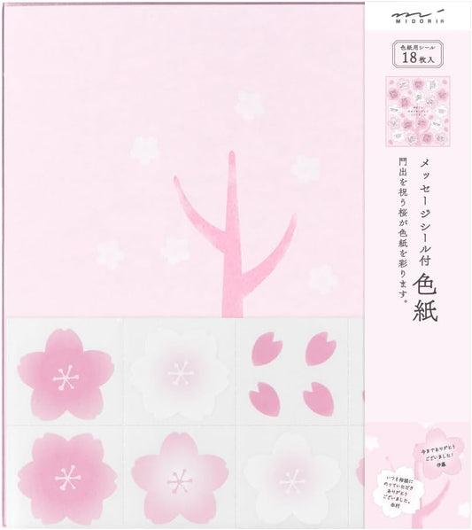 Midori 33156006 Colored Paper with Stickers, Cherry Blossom Pattern