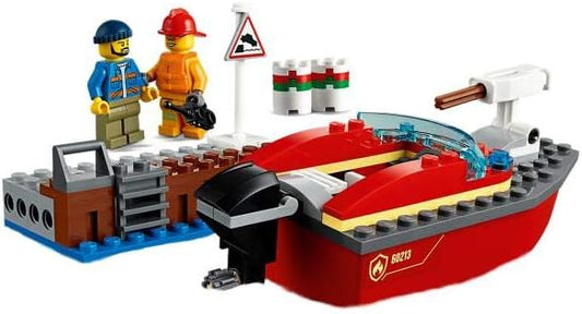 City Fire Dock Side Fire Boat Playset, Firefighter Minifigure & Acessories, Bath Toys for Kids