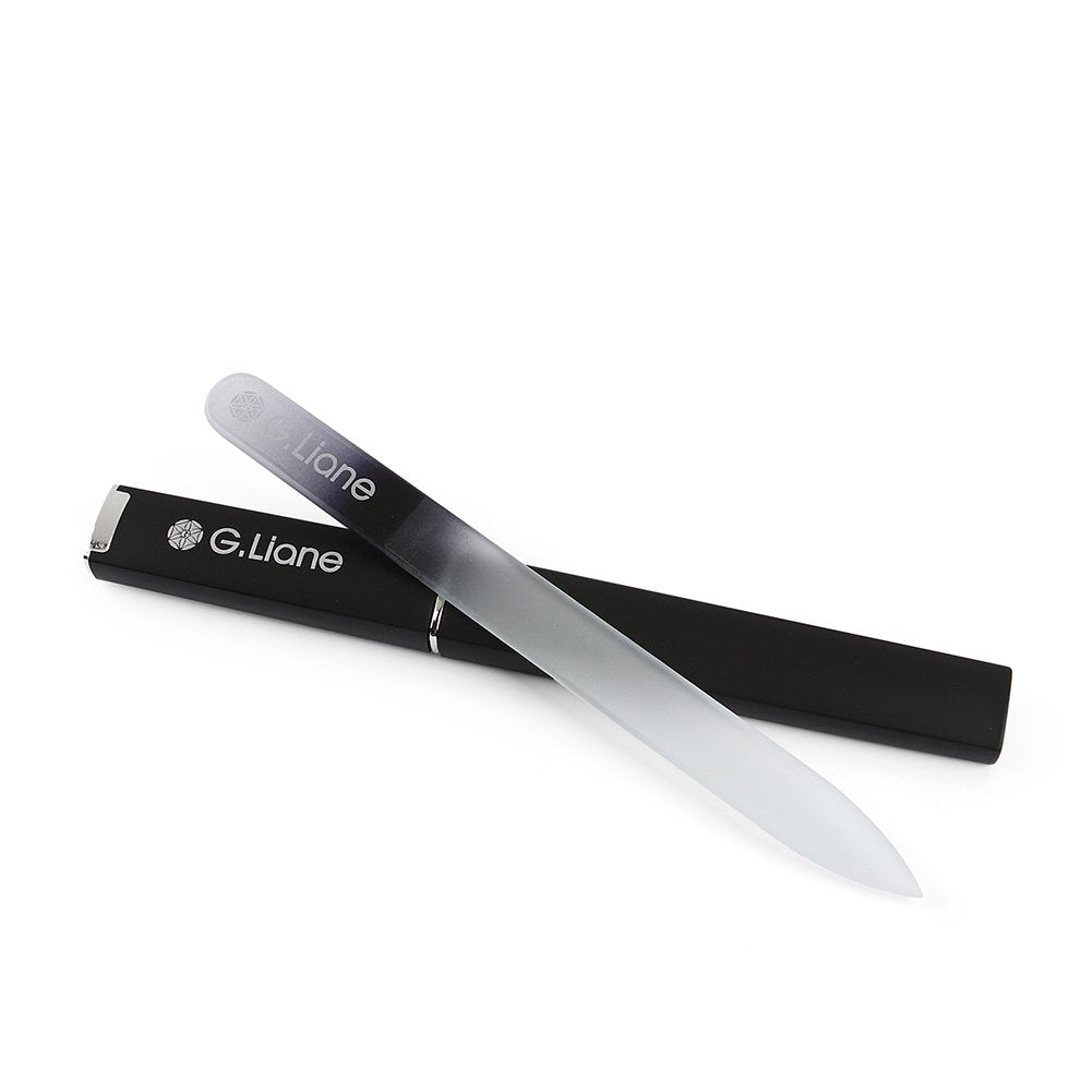 G.Liane Glass Nail File, Professional Crystal Glass Nail File with Case, Double-Sided Etched Glass Nail File for Manicure (Rainbow Black)