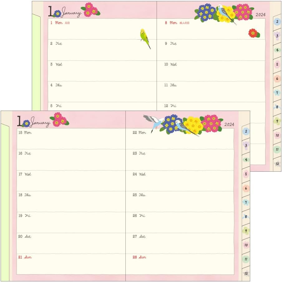 Midori Pocket Diary 22251006 Weekly Planner, 2024, A6, Clover Pattern, Starts January 2024 (bird pattern)