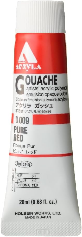 Holbein Acryla Gouache Artists Acrylic Polymer Emulsion, 20ml Pure Red (D009)