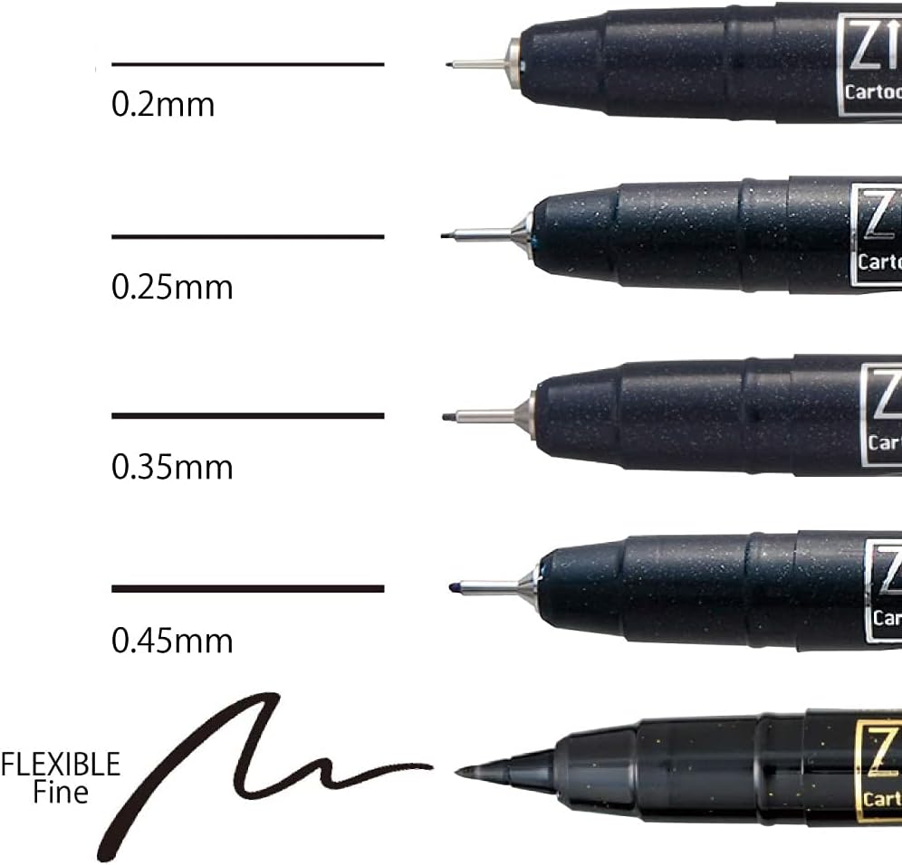 Kuretake ZIG CARTOONIST MANGAKA Black 5 set, for art, illustration, lettering, graphic designers, urban artists, paper crafters, AP-Certificated, Made in Japan