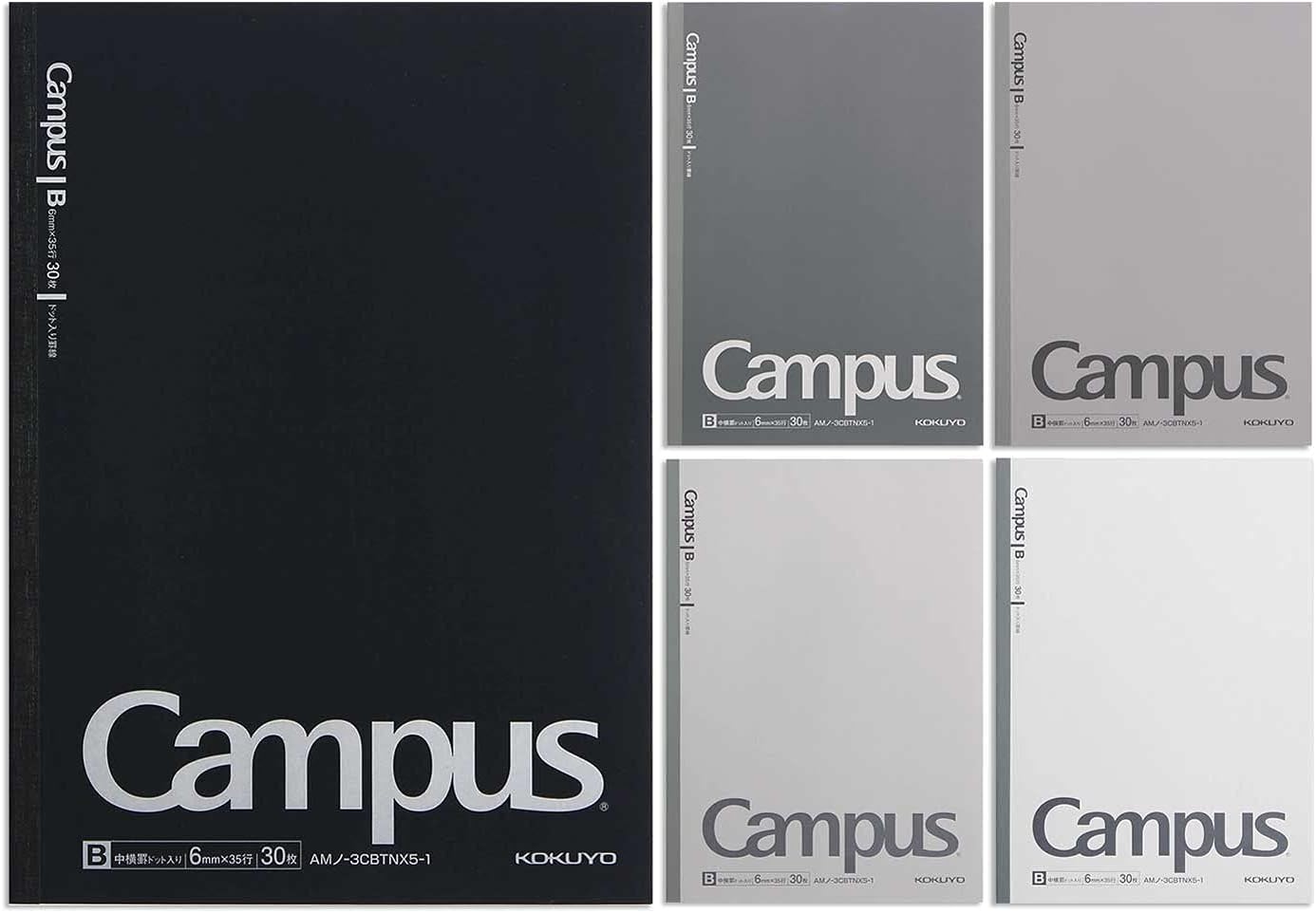 Kokuyo AMNO-3CBTNX5-1 Campus Notebook, B5, Dotted B Ruled, 5 Color Pack, Gray