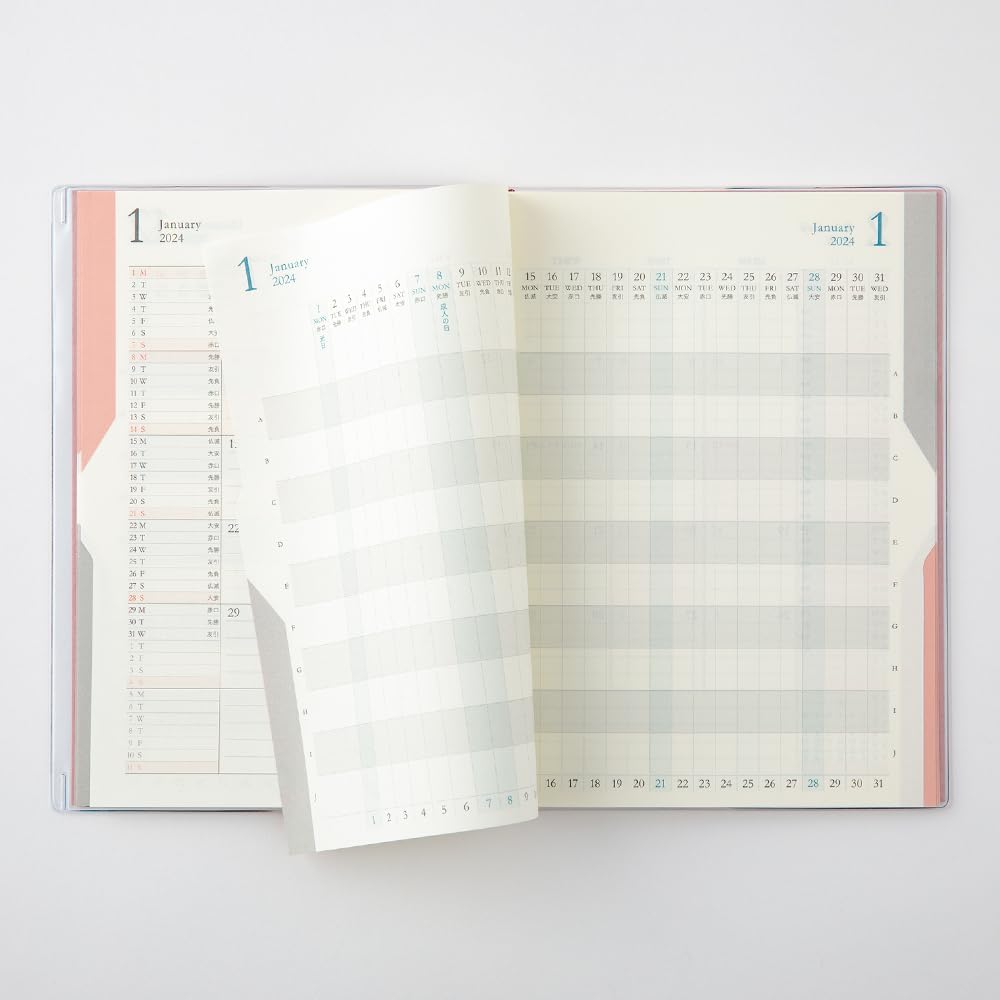 Midori 22264006 Double Schedule Planner, 2024, B6, Monthly Progress, Light Pink (Starts October 2023) (pale pink)