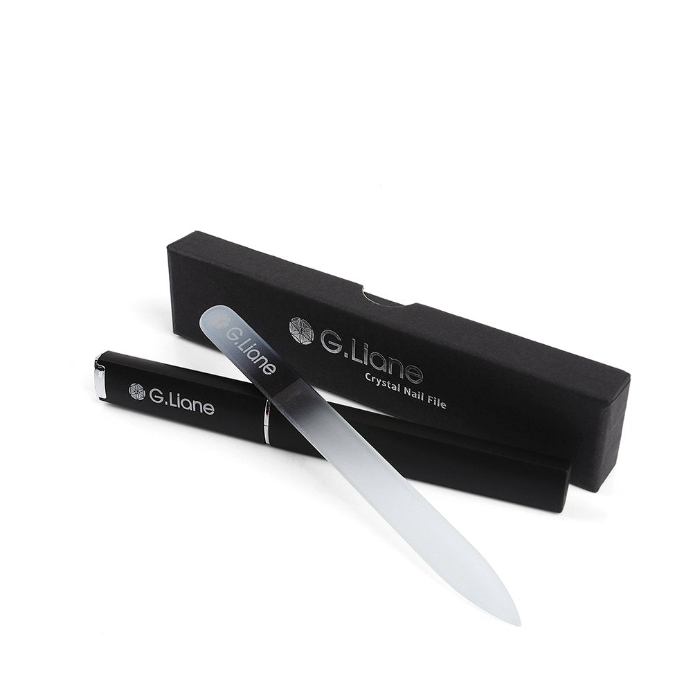 G.Liane Glass Nail File, Professional Crystal Glass Nail File with Case, Double-Sided Etched Glass Nail File for Manicure (Rainbow Black)