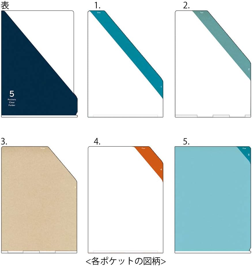 Midori 35340006 Clear Holder, 5 Pockets, Clear Holder, A4, Striped Pattern, Navy Blue