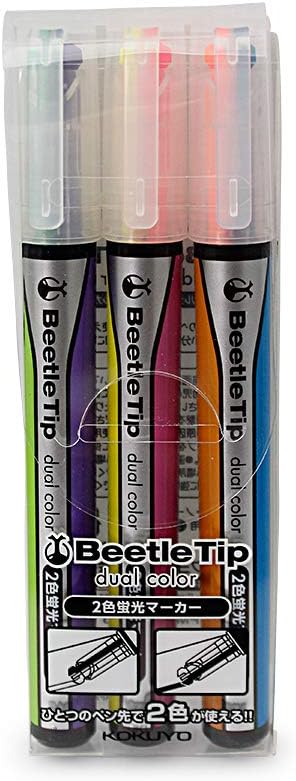 KOKUYO Beetle Tip Dual Color Highlighter, Fluorescent Markers, Standard Colors Set, Japan Import (PM-L303-3S)