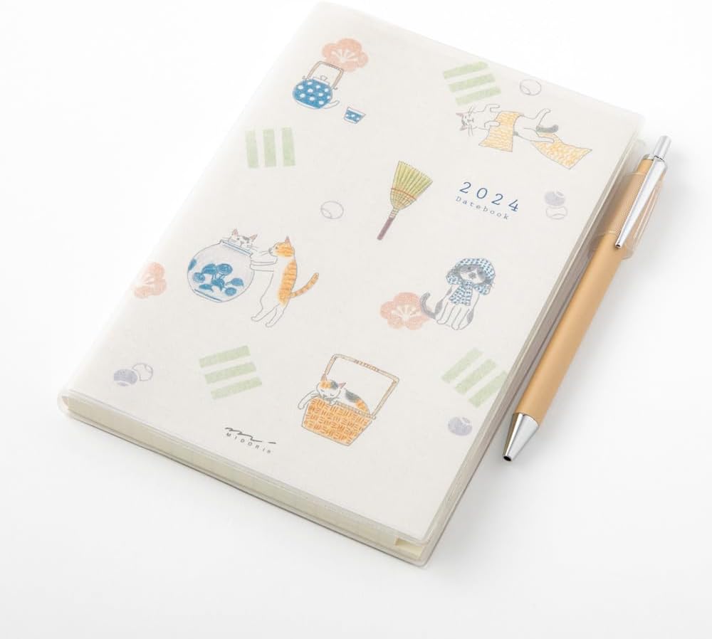 Midori Pocket Diary 22256006 Weekly Planner, 2024, B6, Cat Pattern, Starts January 2024 (Cat Print)