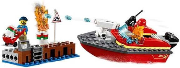 City Fire Dock Side Fire Boat Playset, Firefighter Minifigure & Acessories, Bath Toys for Kids