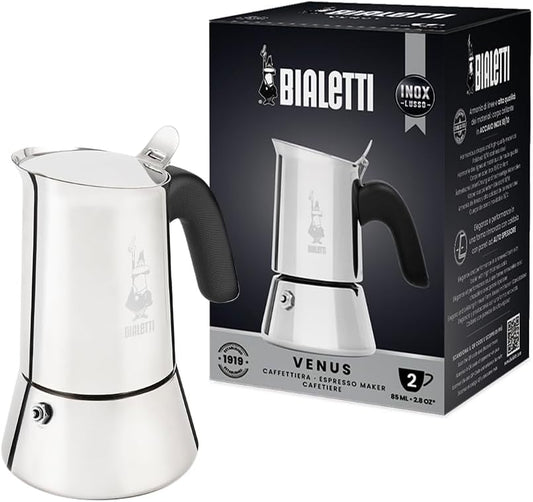 Bialetti - New Venus, stainless steel espresso coffee machine, suitable for all types of stoves, 2 cups (85 ml), aluminium, silver (Not induction safe)