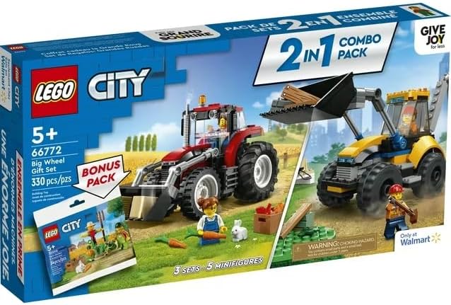LEGO City Big Wheel Gift Set 66772, 2in1 Tractor and Construction Digger Building Toy Sets Plus Farm Garden & Scarecrow Bonus Pack, Great Gift for Boys and Girls Ages 5 and up