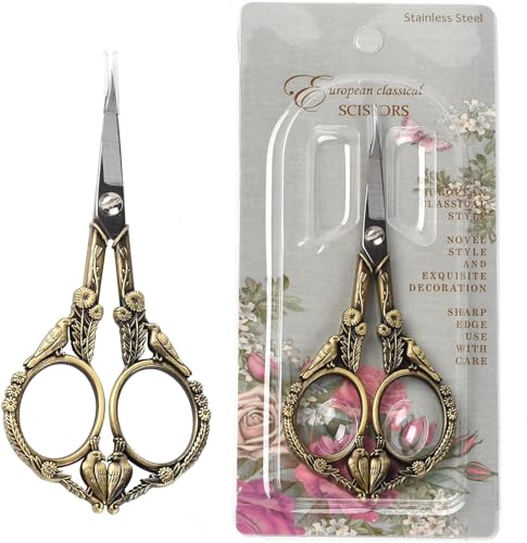 HobbyOne Japan Embroidery Scissors, Elegant Antique Design, Floral Pattern, Brass Finish, 15.24 cm