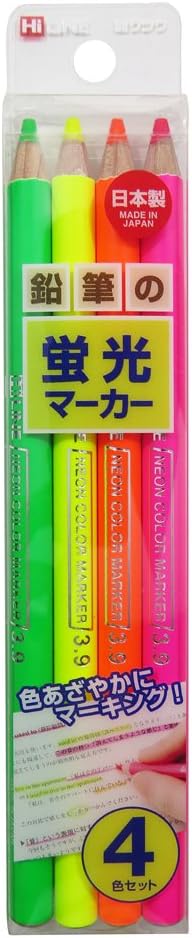 KUTSUWA Hi LiNE Highlighter Pencil, 4 brilliant fluorescent colors/set, 1 Set, Yellow, green, Pink, Orange (PA001)
