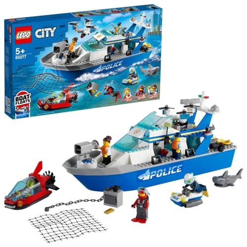 LEGO City Police Patrol Boat 60277 Building Kit with 276 pieces – floating police boat toy for kids