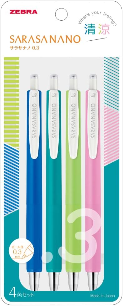 ZEBRA JJH72-4C-SE Gel Ballpoint Pen, Sarasa Nano 0.01 inch (0.3 mm), 4 Color Set, Refreshing