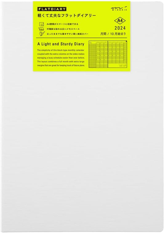Midori 22280006 Flat Diary Notebook, 2024, A5, Monthly, White, Starts October 2023 (A4)