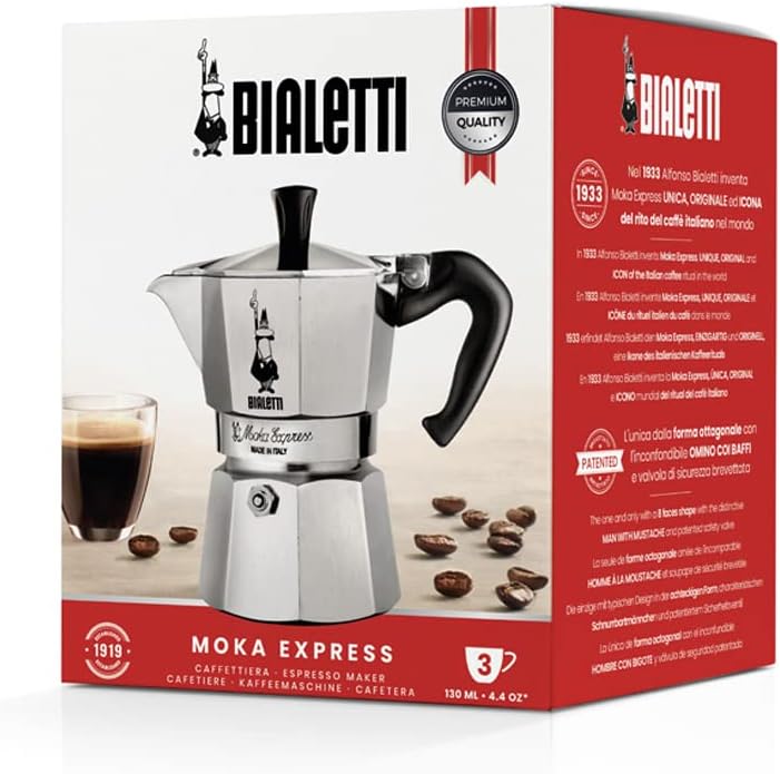 Moka Express: Iconic Stovetop Espresso Maker, Makes Real Italian Coffee, Moka Pot 3 Cups (4.4 Oz - 130 Ml) , Aluminium, Silver