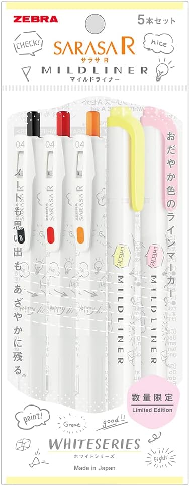 ZEBRA P-JJS29-R1W-A Sarasa R & Mild Liner Gel Ballpoint Pen, White Series, Set of 5