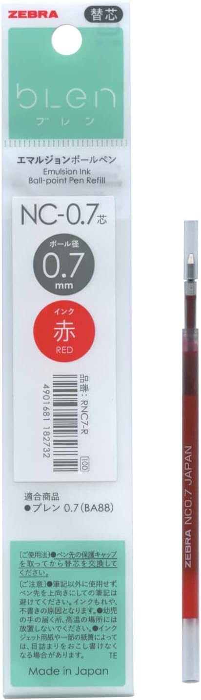 ZEBRA P-RNC7-R Oil-Based Ballpoint Pen Refill, Blen NC-0.7 Core, 0.7 mm, Red
