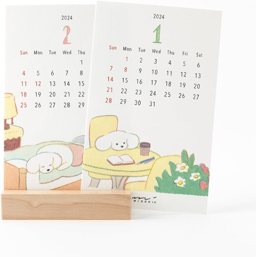 Midori 31278006 2024 Calendar, Tabletop Stand, Dog Pattern (Dog Print)