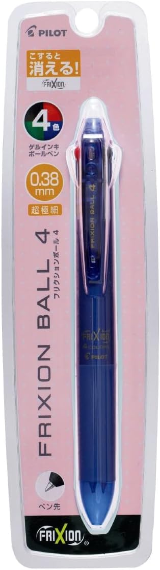 PILOT Ballpoint Pen, Frixion Ball 4, 0.38mm Ultra Fine, 4 Colors (Black, Red, Blue and Green), Blue Black Body (PLKFB80UF-BB)