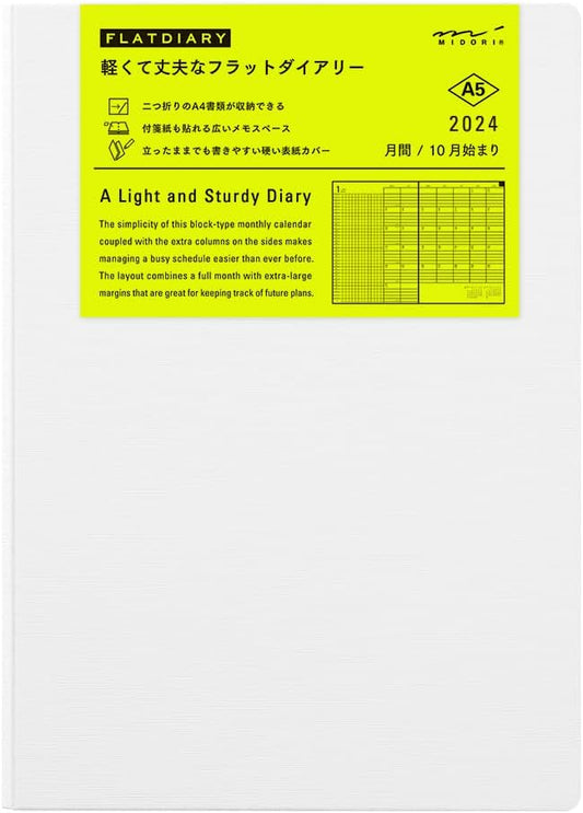 Midori 22280006 Flat Diary Notebook, 2024, A5, Monthly, White, Starts October 2023 (A5)