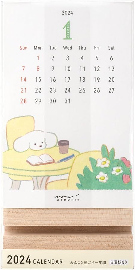Midori 31278006 2024 Calendar, Tabletop Stand, Dog Pattern (Dog Print)