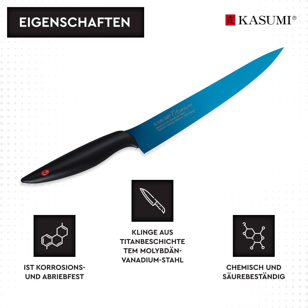 Kasumi Titanium Coated KTB3 7-3/4-Inch Titanium-Coated Carving Knife, Blue