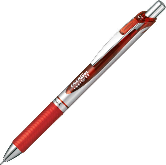 Pentel Energel Knock Ballpoint Pen, 0.5mm Needle Tip, Red Ink, Silver Body with Red Accent (BLN75Z-B)